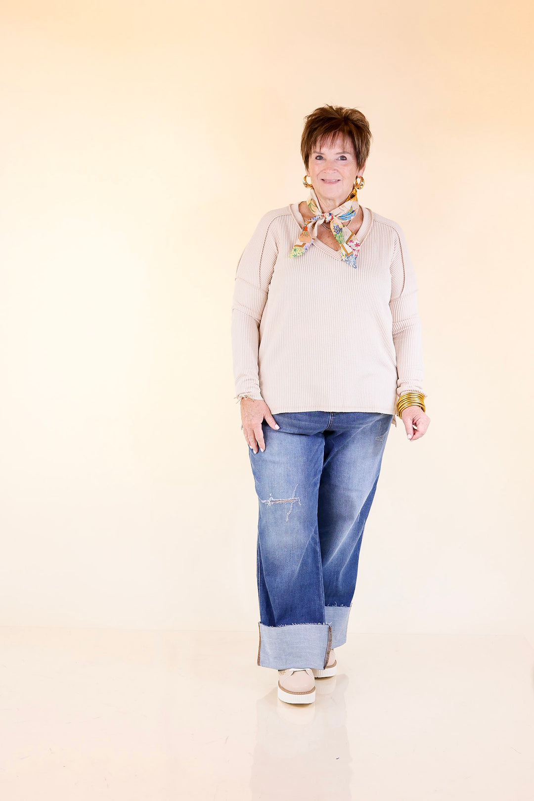 Daily Perfection V-Neck Long Sleeve Ribbed Top in Beige