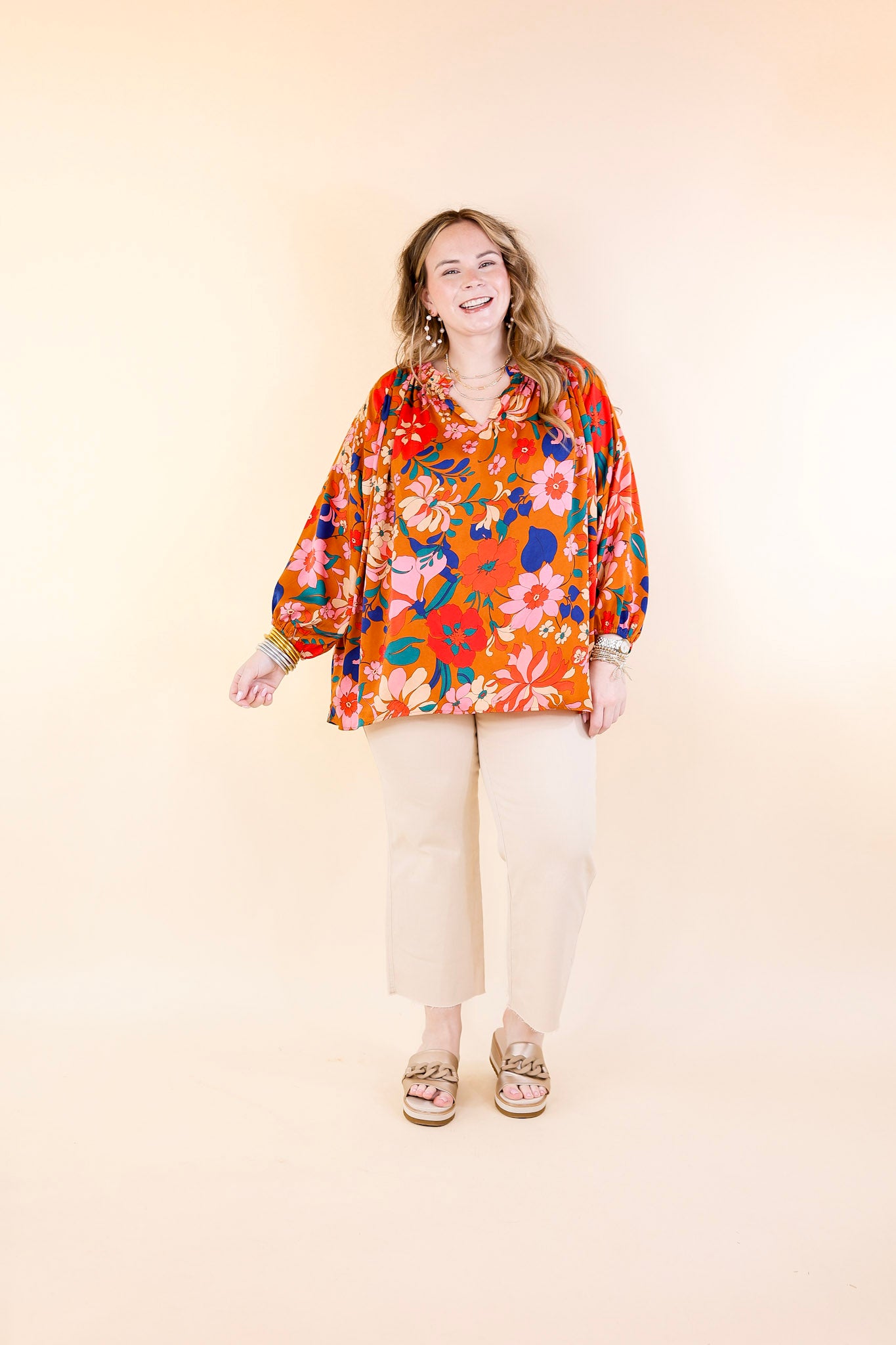 Falling For Floral 3/4 Sleeve Top with Notched Neck in Camel Brown