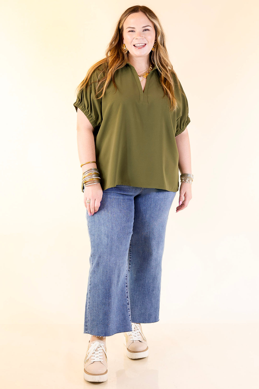 Fresh Start Collared V-Neck Blouse With Drop Shoulder in Olive Green