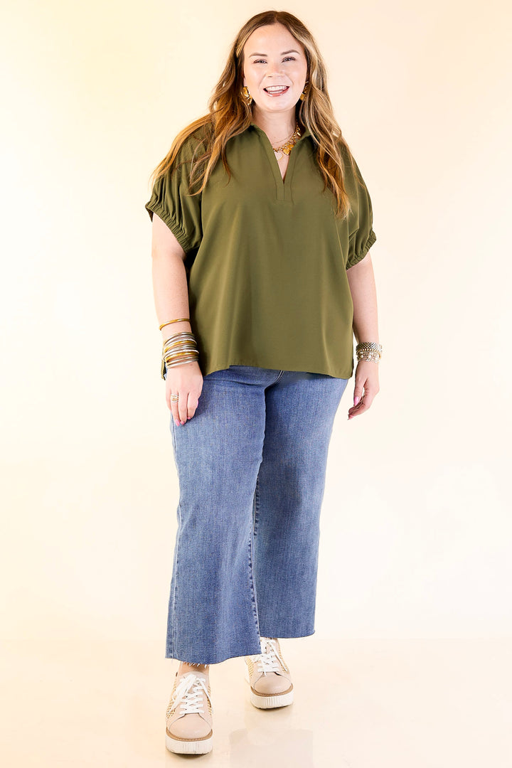 Fresh Start Collared V-Neck Blouse With Drop Shoulder in Olive Green