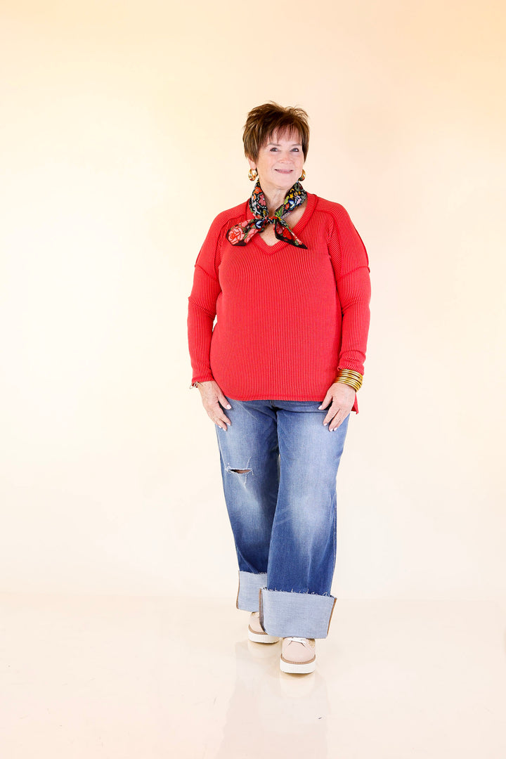 Daily Perfection V-Neck Long Sleeve Ribbed Top in Ruby Red