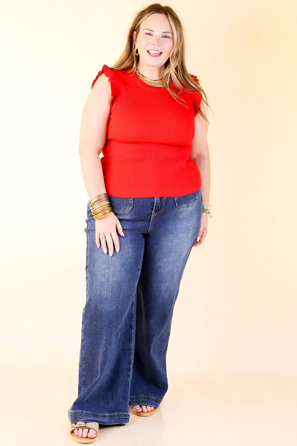 Flirty Frill Scoop Neck Top with Ruffle Sleeves in Red