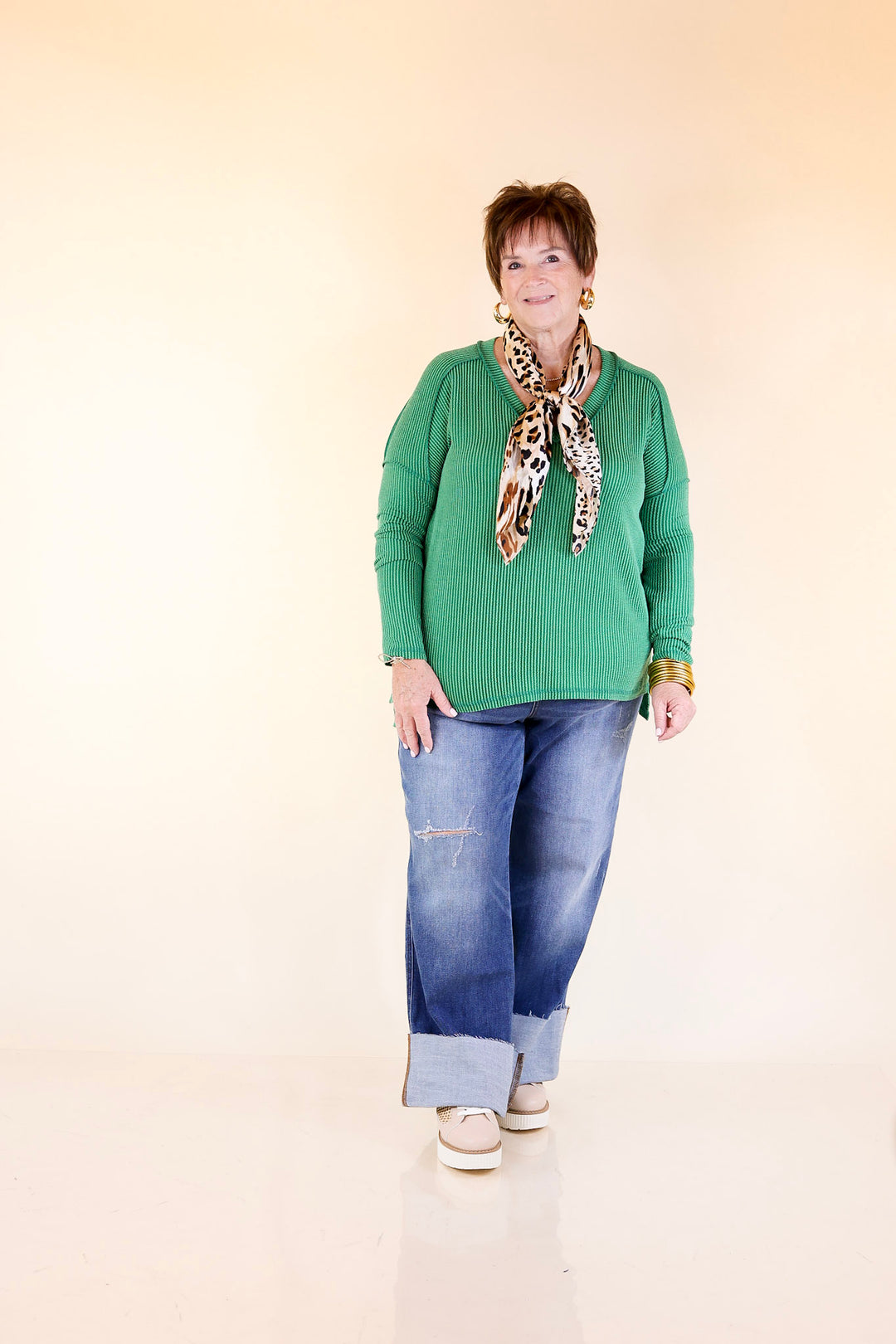 Daily Perfection V-Neck Long Sleeve Ribbed Top in Kelly Green