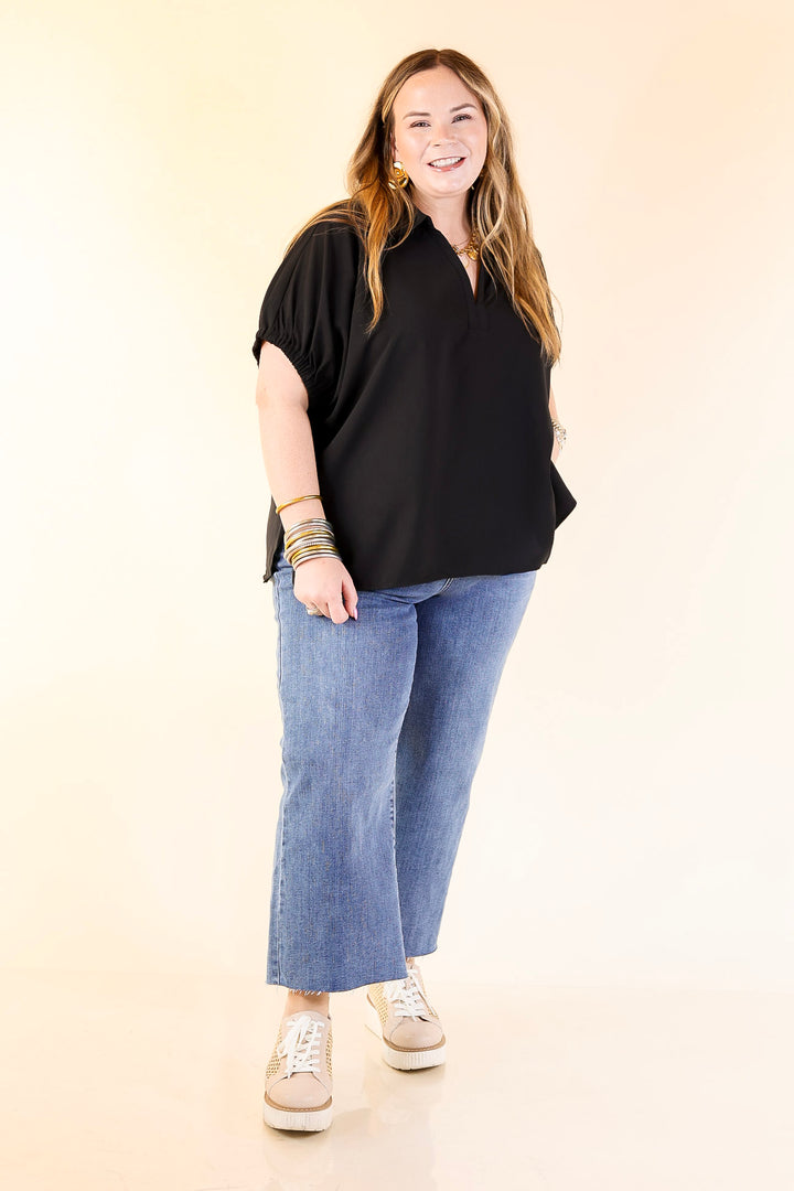 Fresh Start Collared V-Neck Blouse With Drop Shoulder in Black