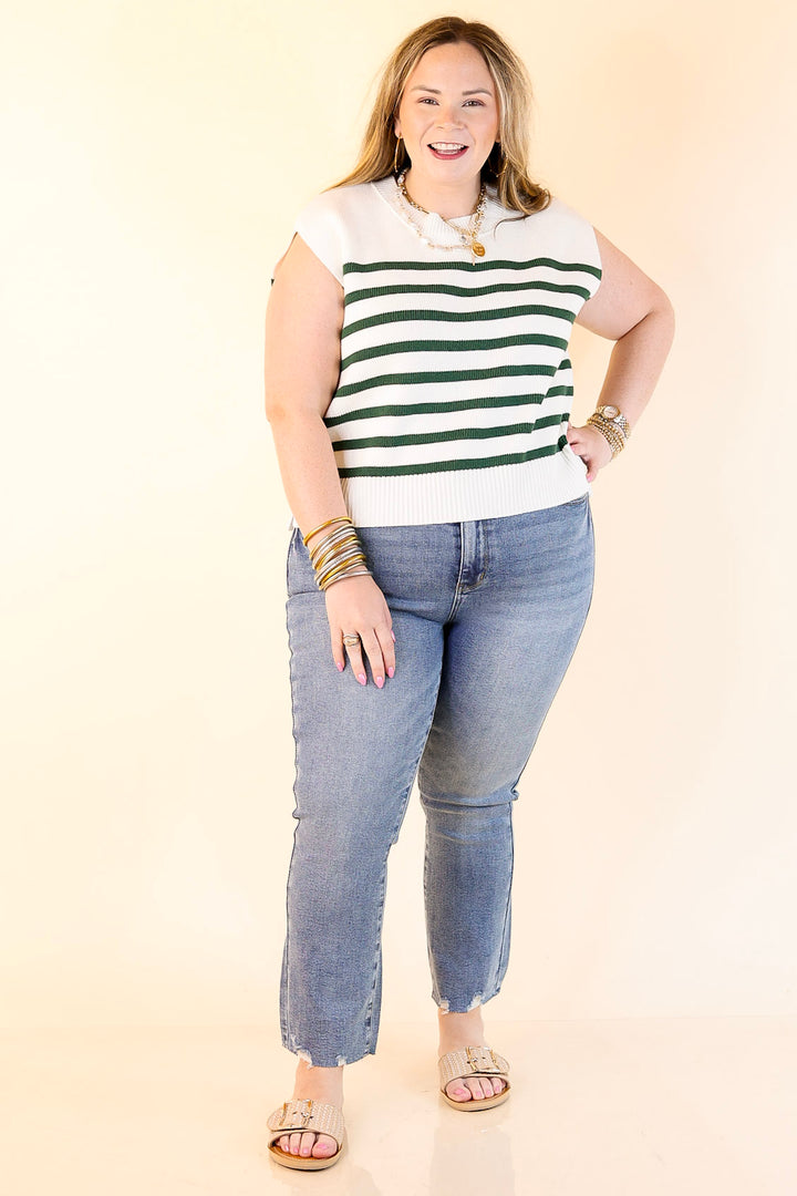 Stripe Things Up Drop Shoulder Knit Sweater in White with Forest Green Stripes