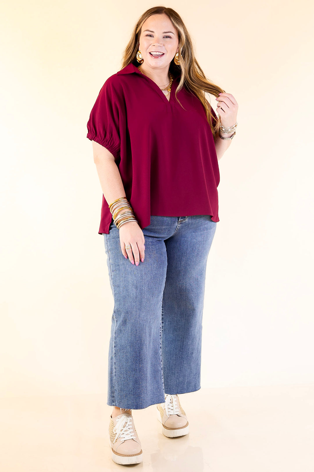Fresh Start Collared V-Neck Blouse With Drop Shoulder in Maroon