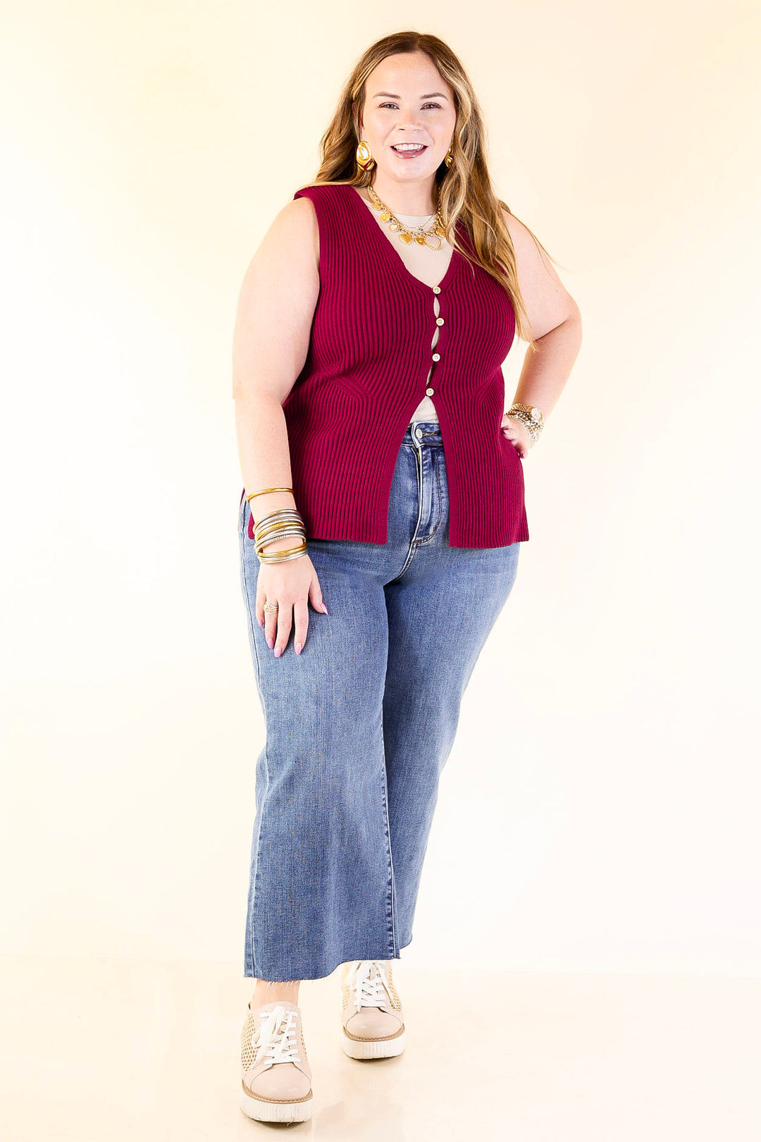 Sharp and Chic Button Front Ribbed Knit Sweater Vest in Maroon