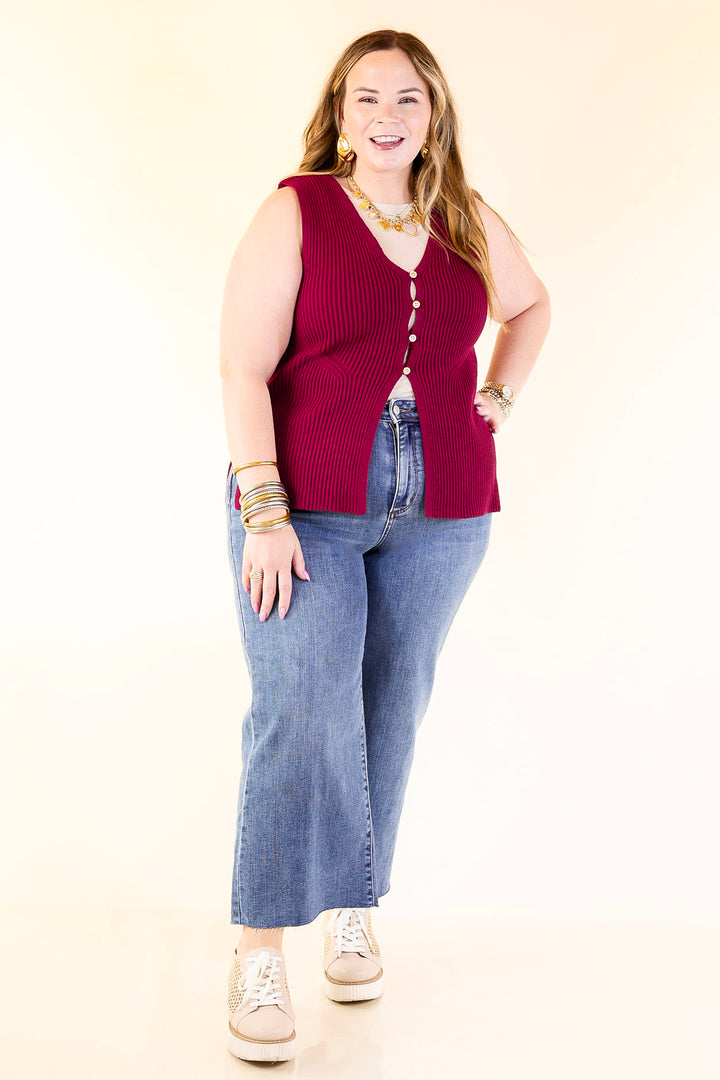 Sharp and Chic Button Front Ribbed Knit Sweater Vest in Maroon