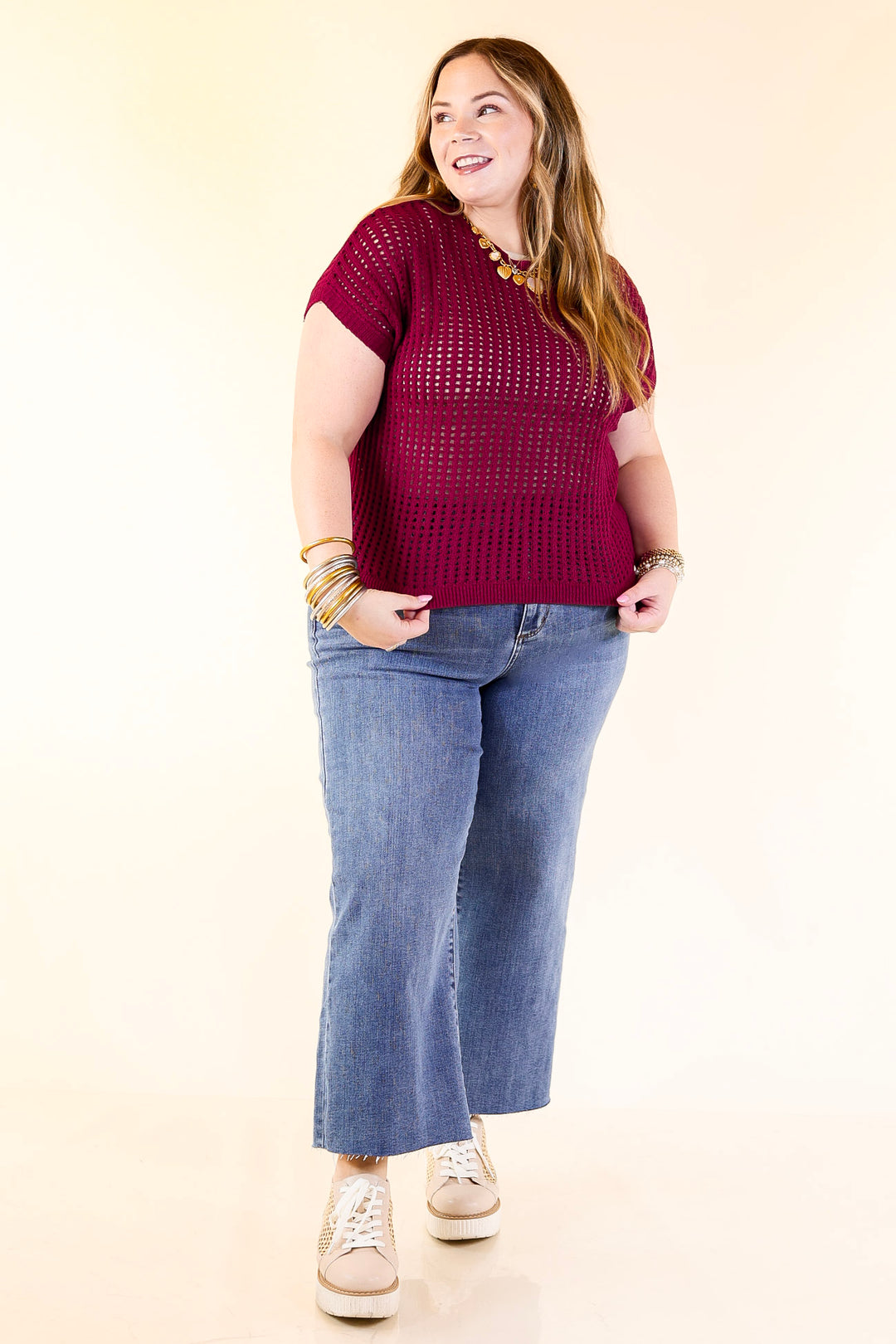 Breezy Intentions Open Knit Short Sleeve Sweater in Maroon