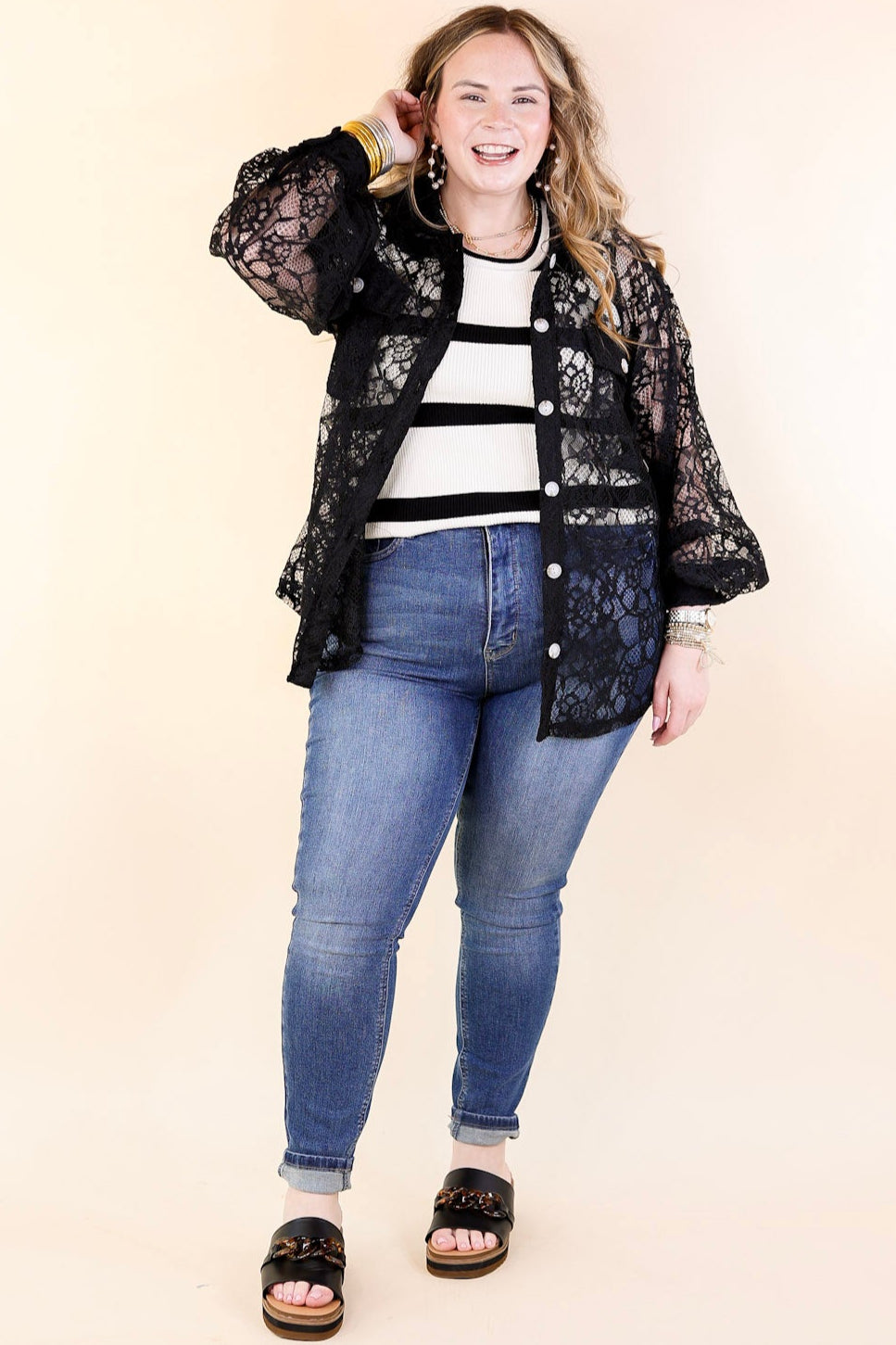 Sheer Chic Collared Button Up Lace Top in Black