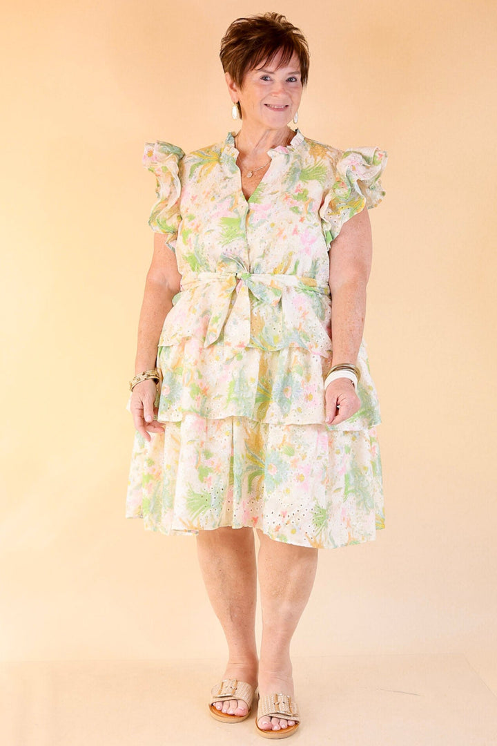 Blooming in Bows Floral Dress with Bow Cinched Waist in Green Multi Color