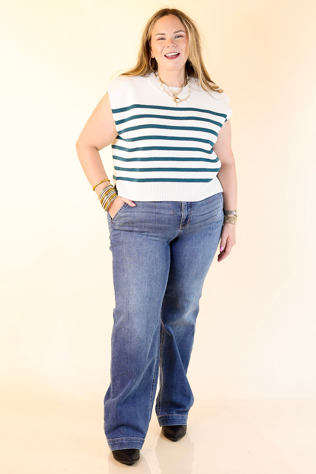 Stripe Things Up Drop Shoulder Knit Sweater in White with Teal Blue Stripes