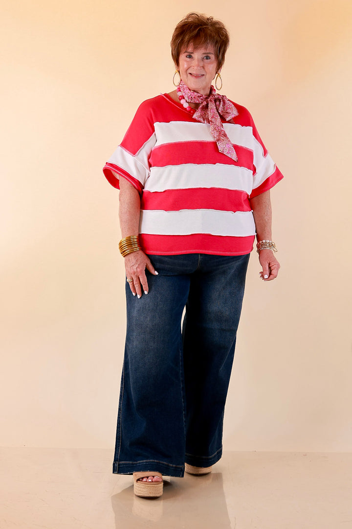 Simply Styled Color Block Rugby Style Relaxed Short Sleeve Top in Hot Pink