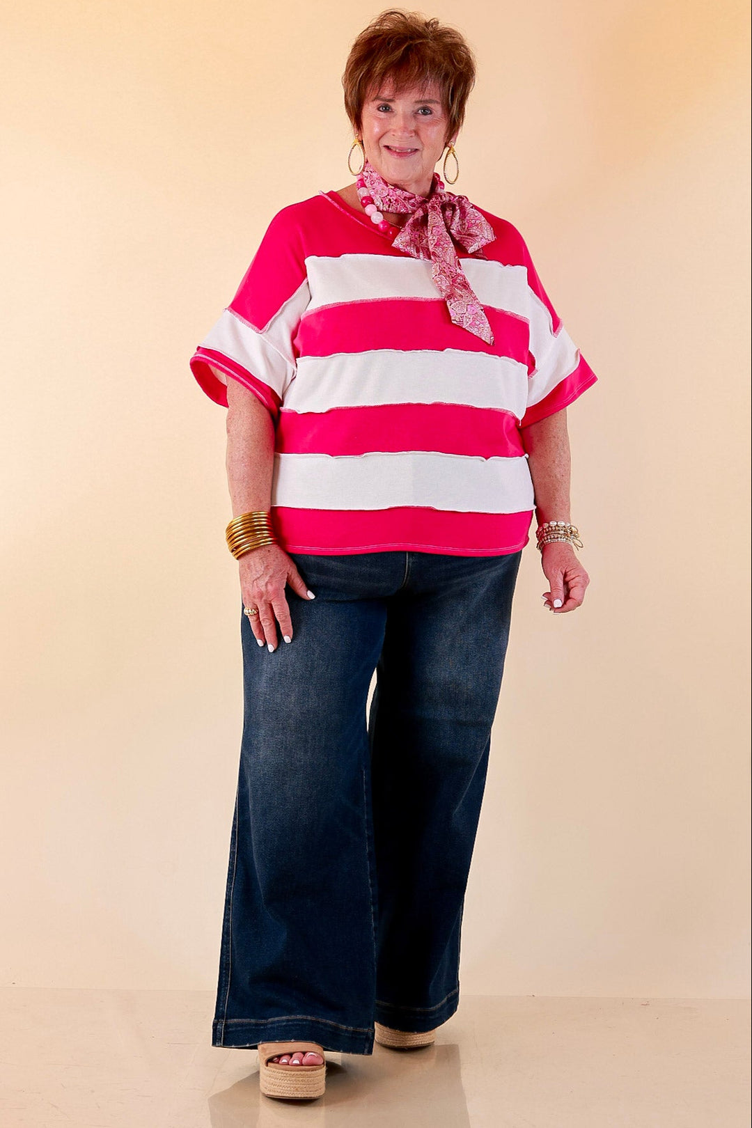 Simply Styled Color Block Rugby Style Relaxed Short Sleeve Top in Hot Pink