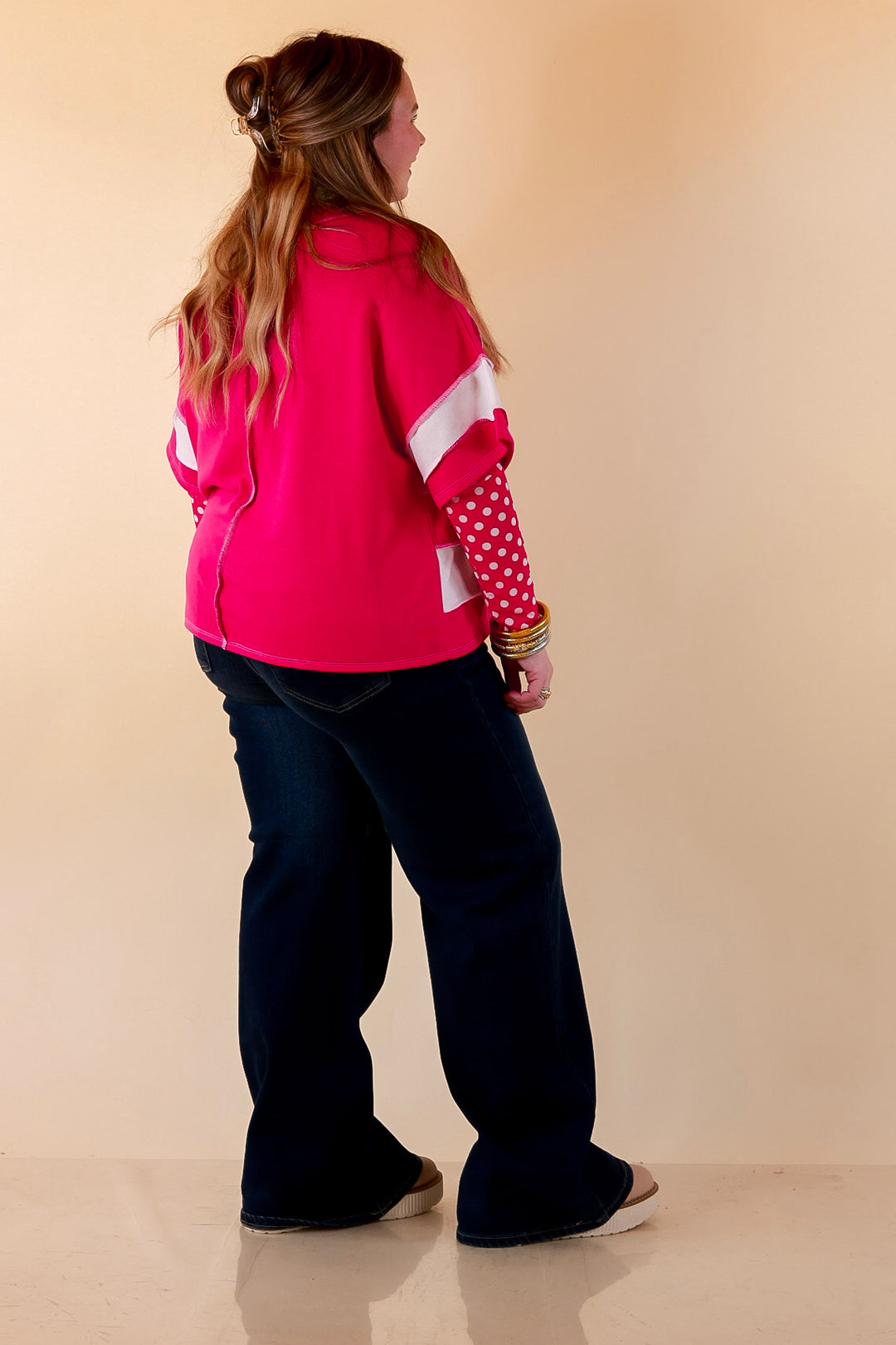 The Essential Layer White Polka Dot Print Sheer Mesh Long Sleeve Top in Hot Pink
