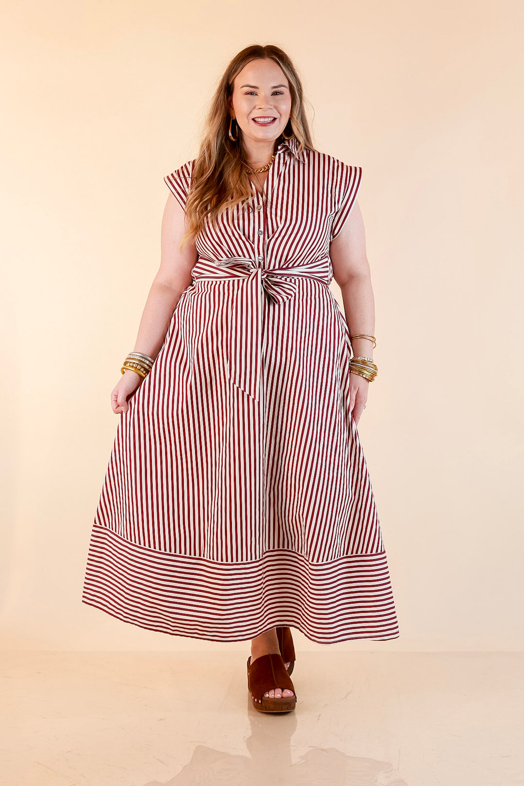In Good Standing Striped Tie Waist Button Down Midi Dress in Maroon and Ivory