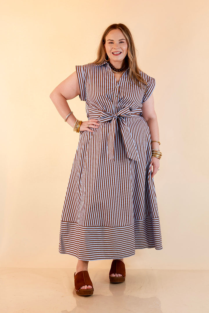 In Good Standing Striped Tie Waist Button Down Midi Dress in Blue and Brown