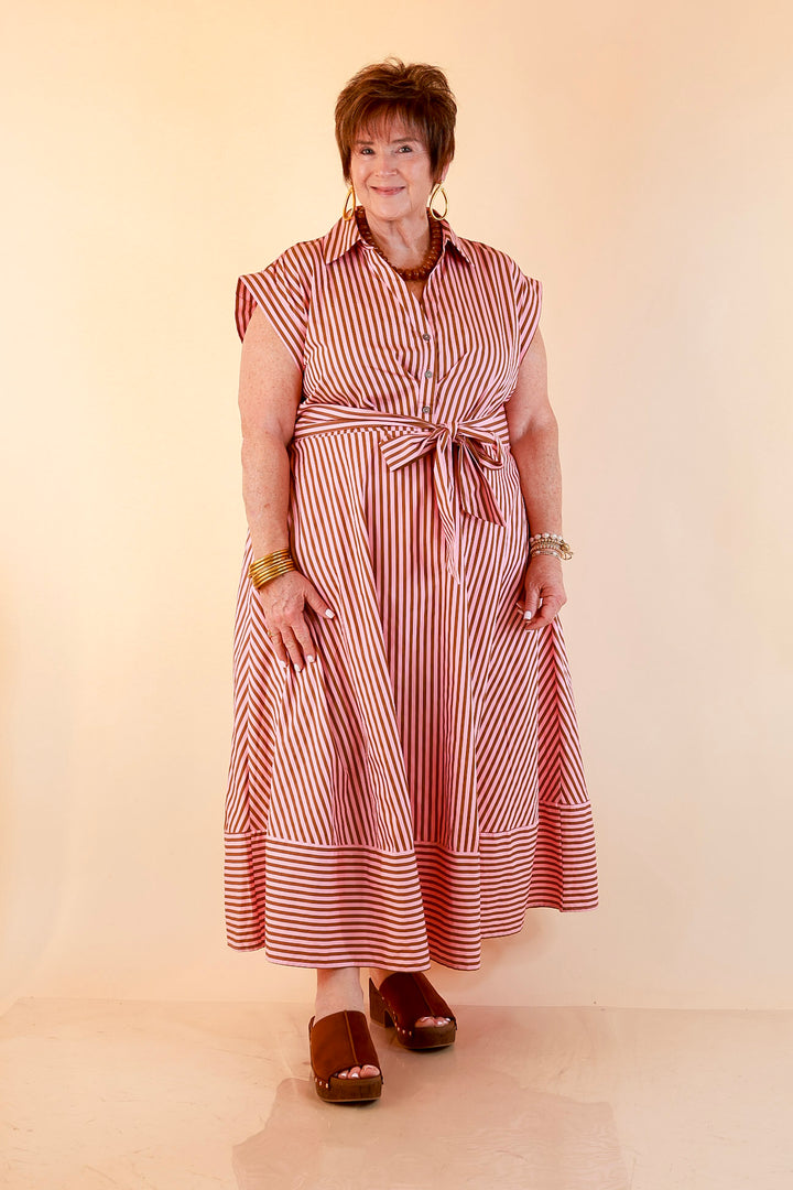 In Good Standing Striped Tie Waist Button Down Midi Dress in Pink and Brown