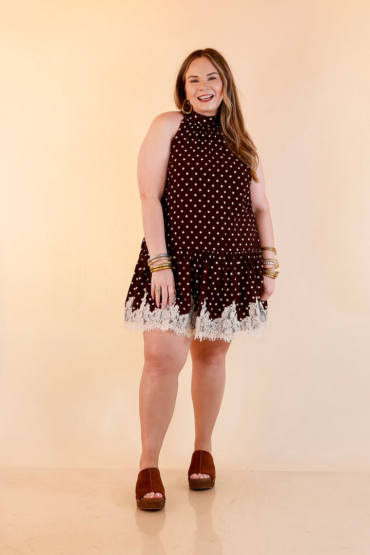 Something to Love Polka Dot Lace Trim Halter Dress in Chocolate Brown and Ivory