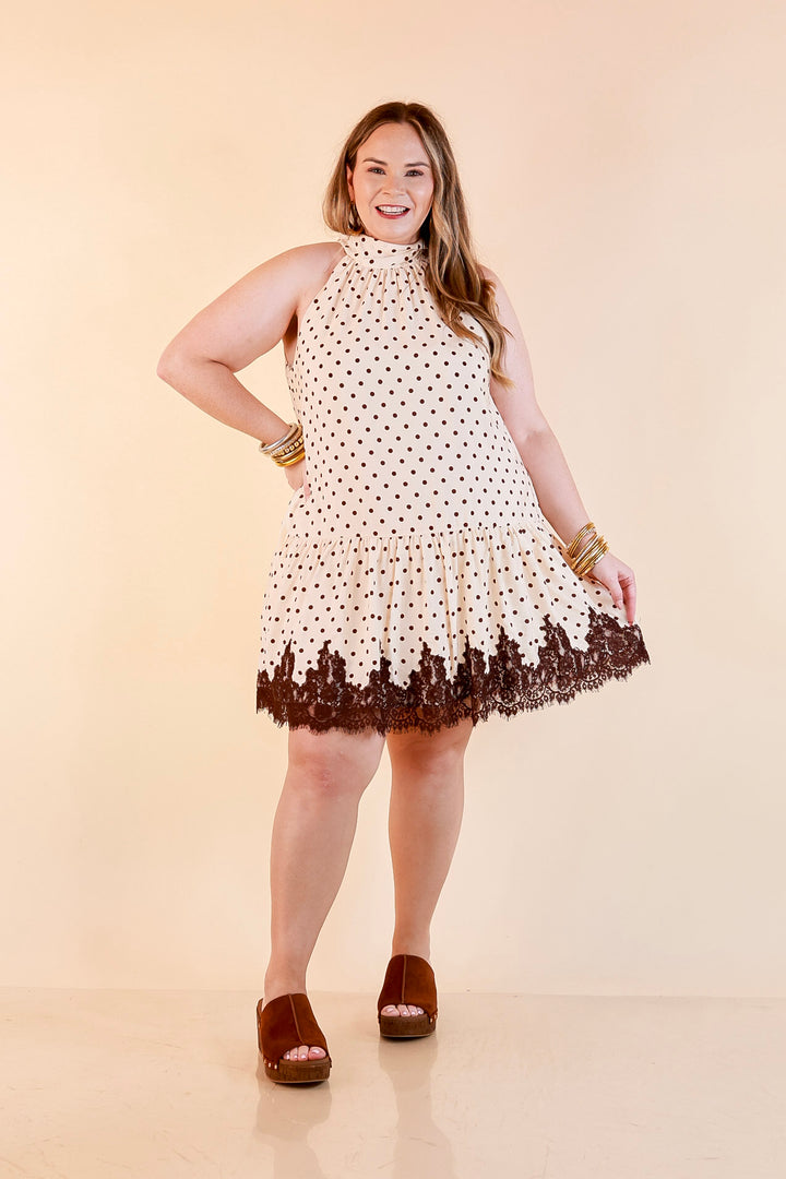 Something to Love Polka Dot Lace Trim Halter Dress in Ivory and Chocolate Brown