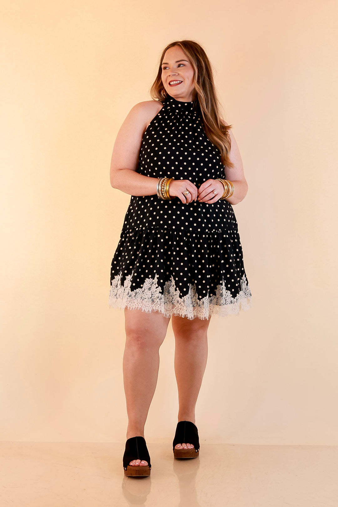 Something to Love Polka Dot Lace Trim Halter Dress in Black and Ivory