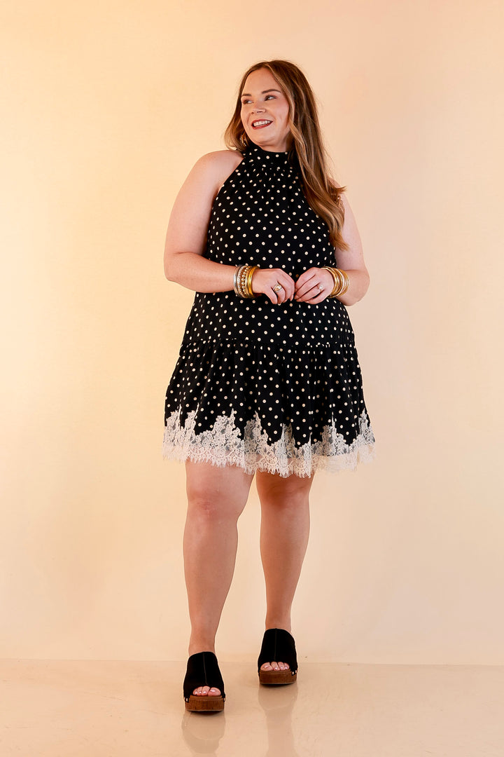 Something to Love Polka Dot Lace Trim Halter Dress in Black and Ivory