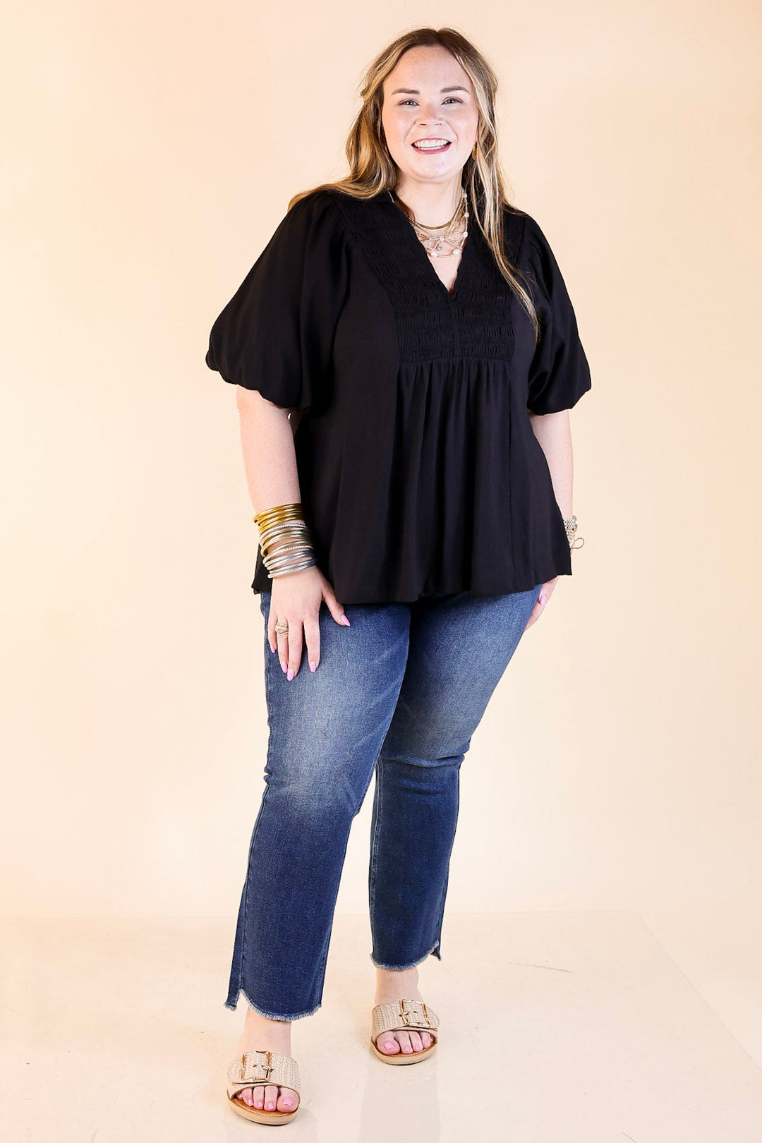 Crush on Classic Flowy Blouse with Smocked Yoke in Black
