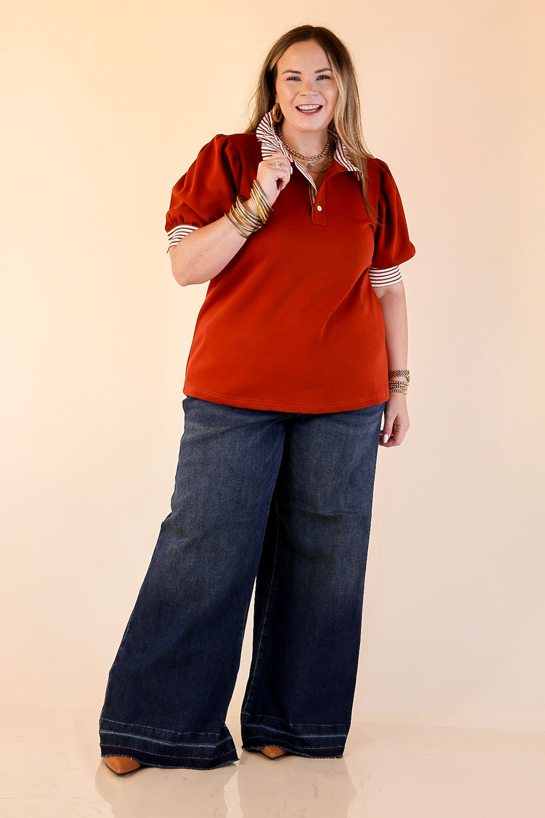 Refined Edge Short Puff Sleeve Top with Striped Collar in Rust Orange