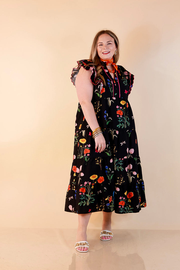 Flourishing Charm Floral Ruffle Cap Sleeve Tiered Midi Dress in Black