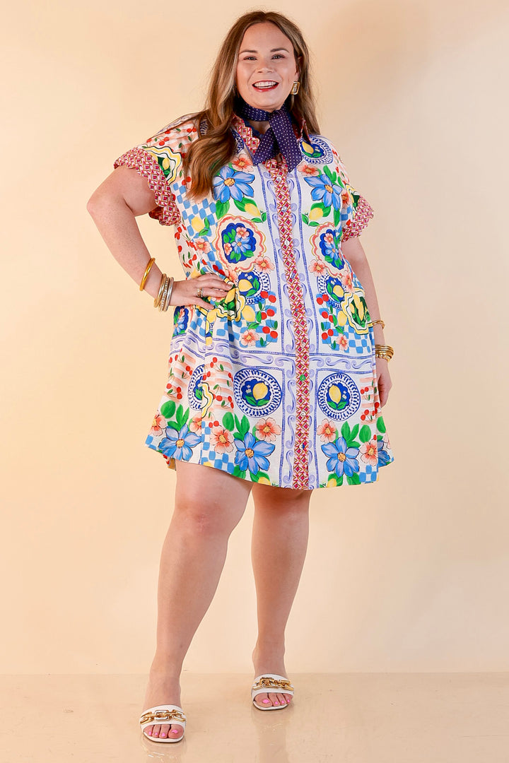 Tuscan Daydream Floral Border Print Button Front Mini Dress in Blue Multi