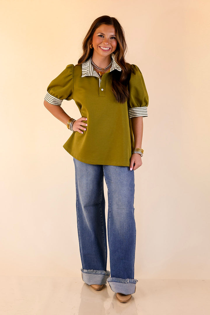 Refined Edge Short Puff Sleeve Top with Striped Collar in Olive Green