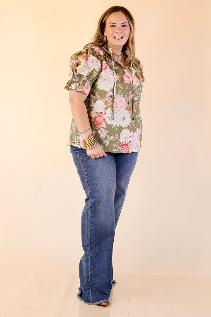 Freshly Picked Floral Print Top with Short Puff Sleeves in Olive Green
