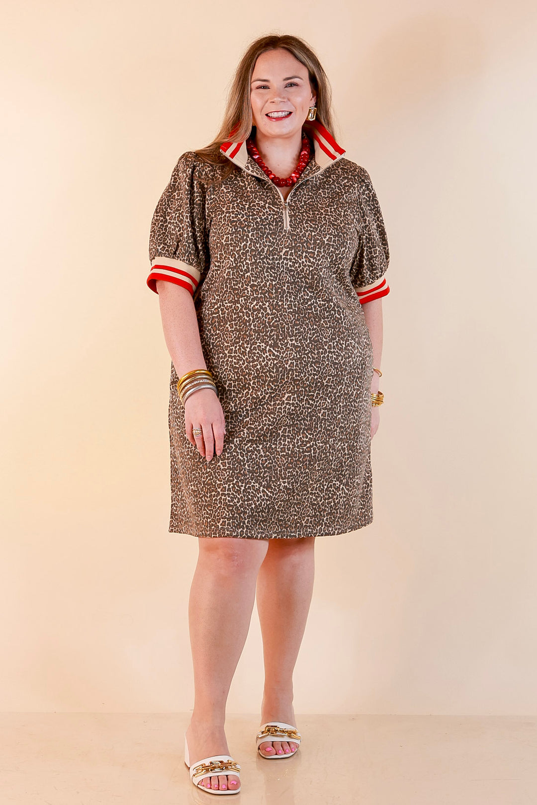 Winning Look Half Zip Puff Sleeve Dress with Contrast Trim in Leopard Print