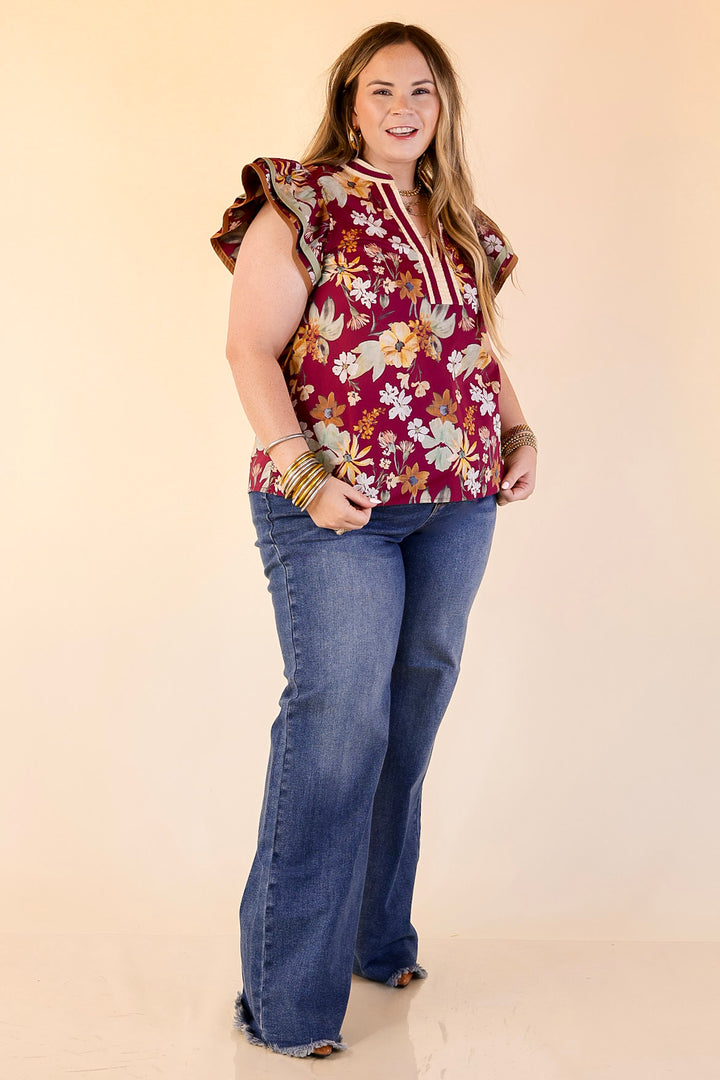 Fresh Perspective V Neck Floral Top with Ruffle Cap Sleeves in Maroon