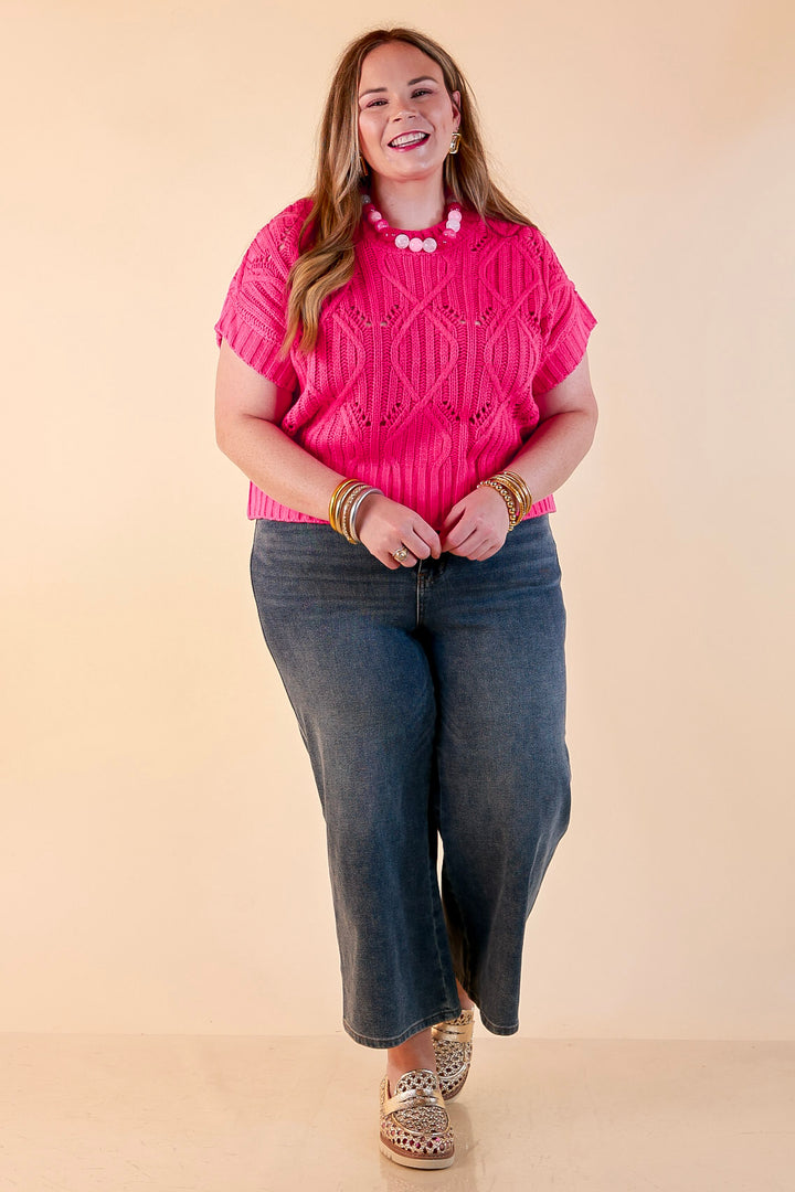 Knit to Last Cable Knit Short Sleeve Sweater Top in Hot Pink