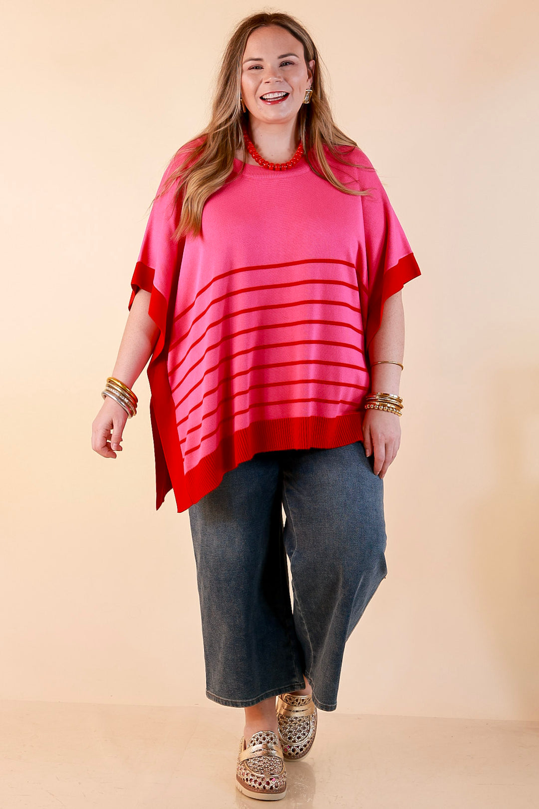 Casual to Chic Short Sleeve Striped Poncho Top in Pink and Red