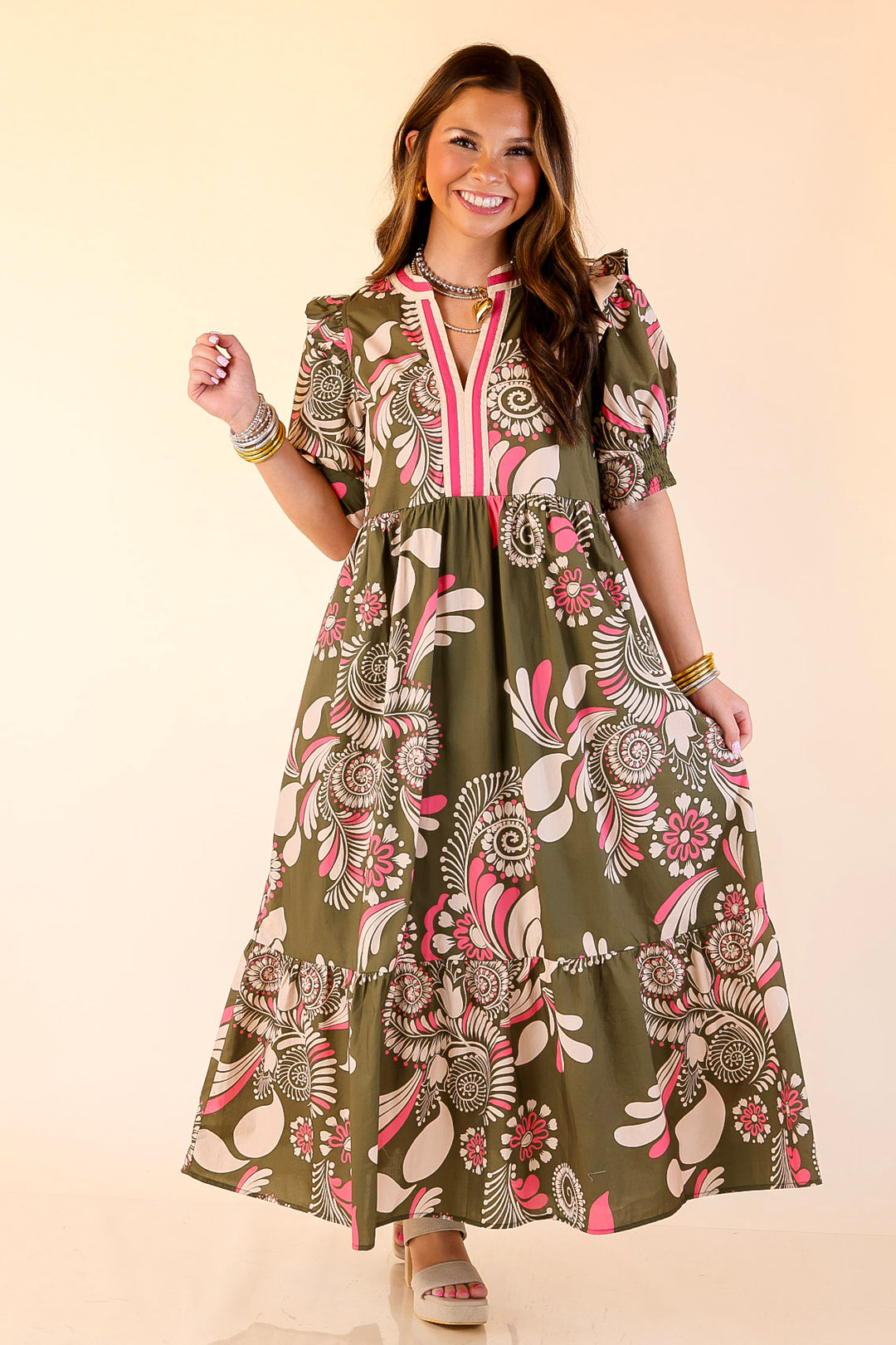 First Impressions V Neck Paisley Midi Dress in Olive Green and Pink Mix