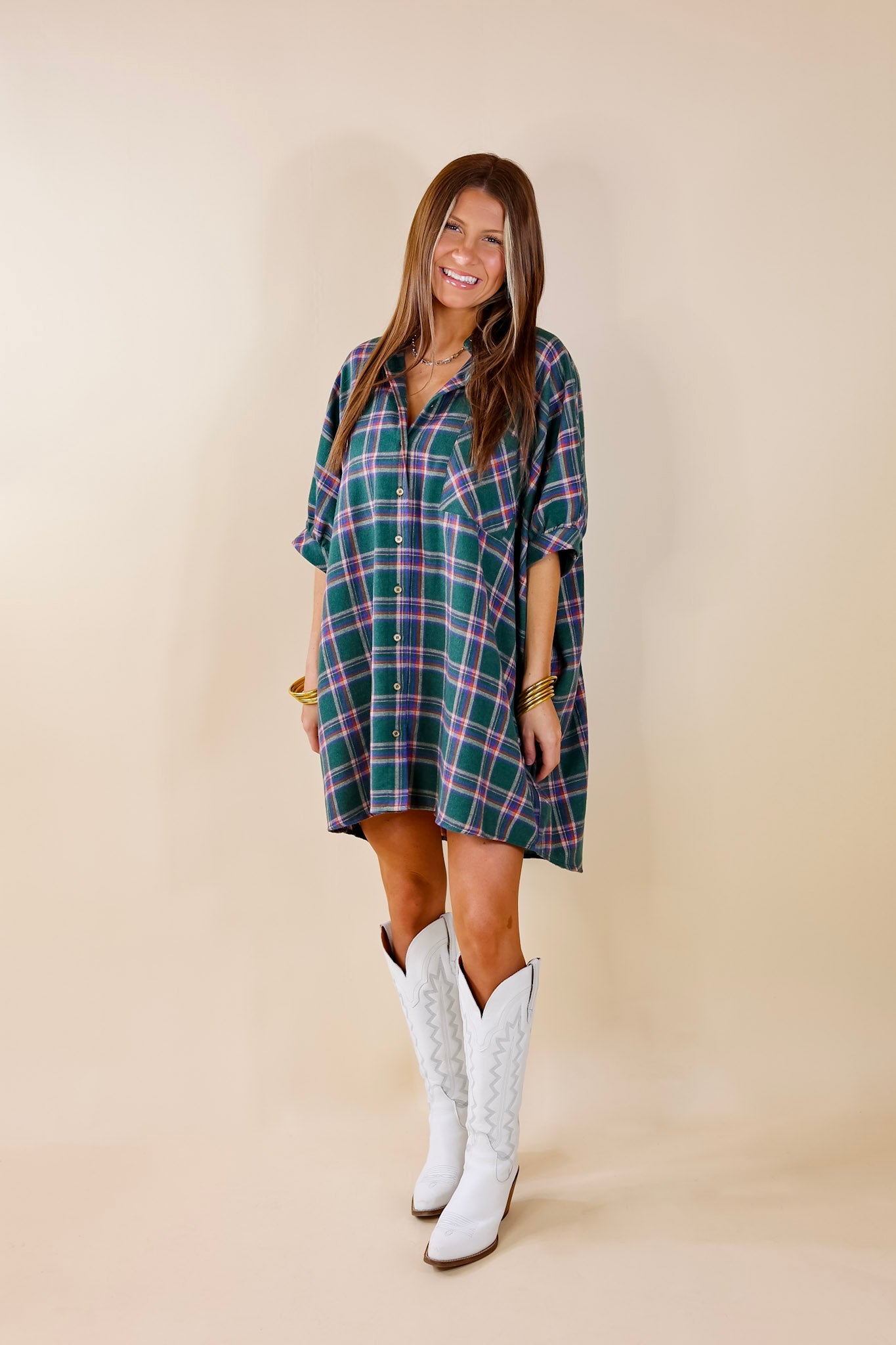 Cozy And Kind Button Up Plaid Dress in Green - Giddy Up Glamour Boutique