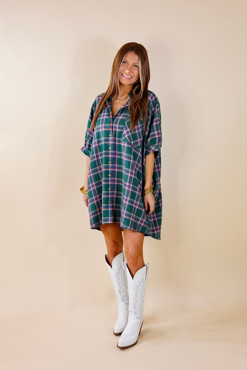 Cozy And Kind Button Up Plaid Dress in Green
