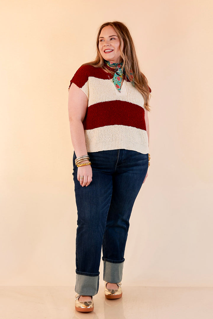 The Style Standard Striped Sleeveless Sweater Knit Top in Burgundy and Ivory