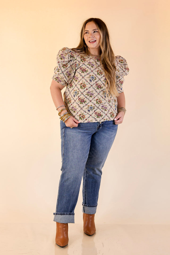 Delicate Details Puff Sleeve Floral Print Top in Cream