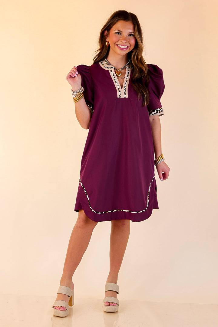 Standout Style Dress with Short Balloon Sleeves and Leopard Print Trim in Maroon