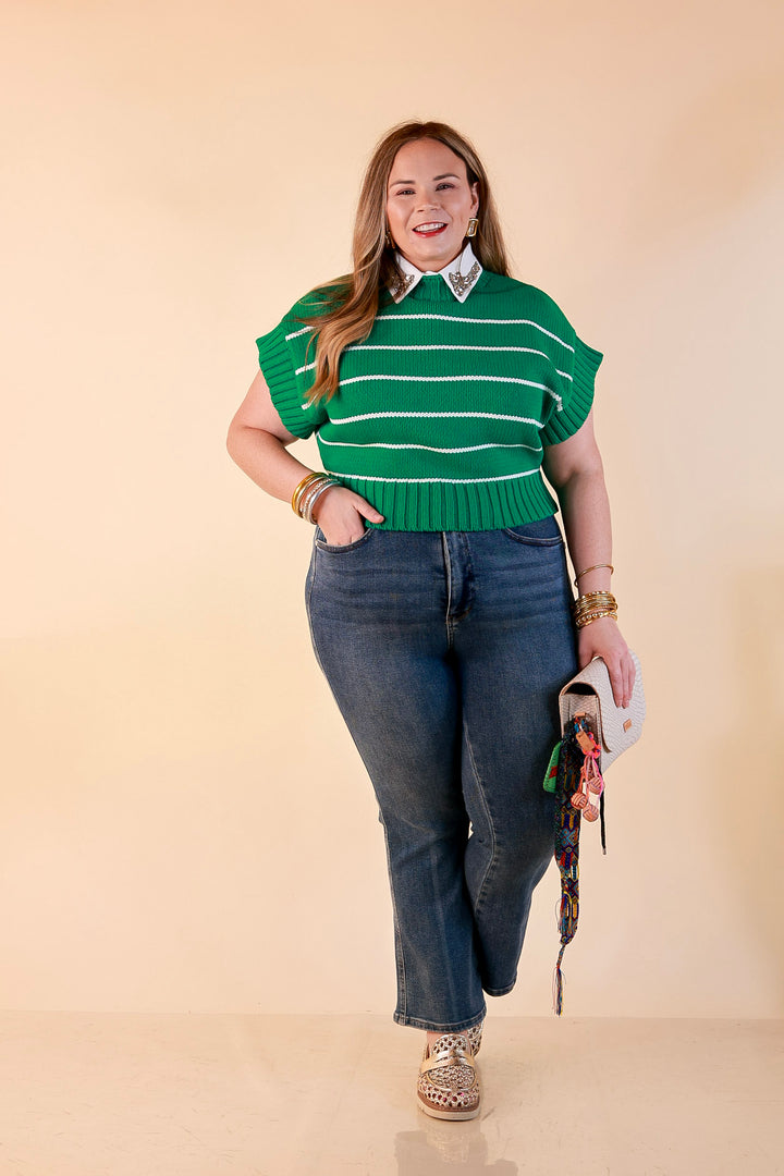 Sweet in Stripes Short Sleeve Striped Mock Neck Sweater in Kelly Green