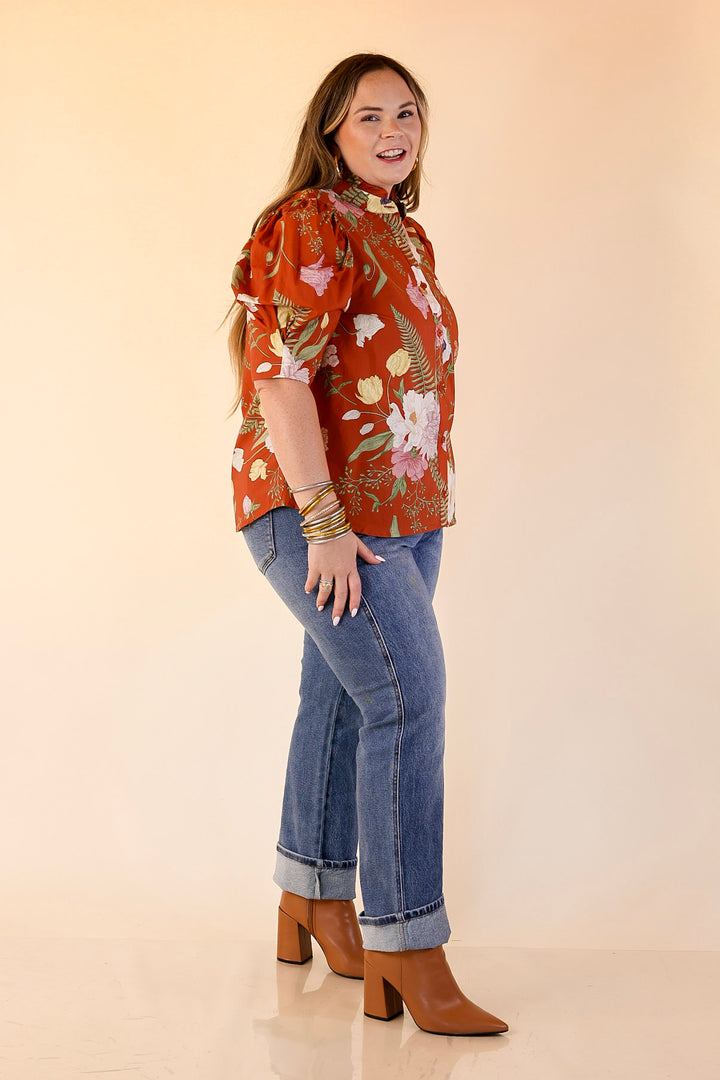 First Glance Button Up Puff Sleeve Floral Print Top in Rust Orange