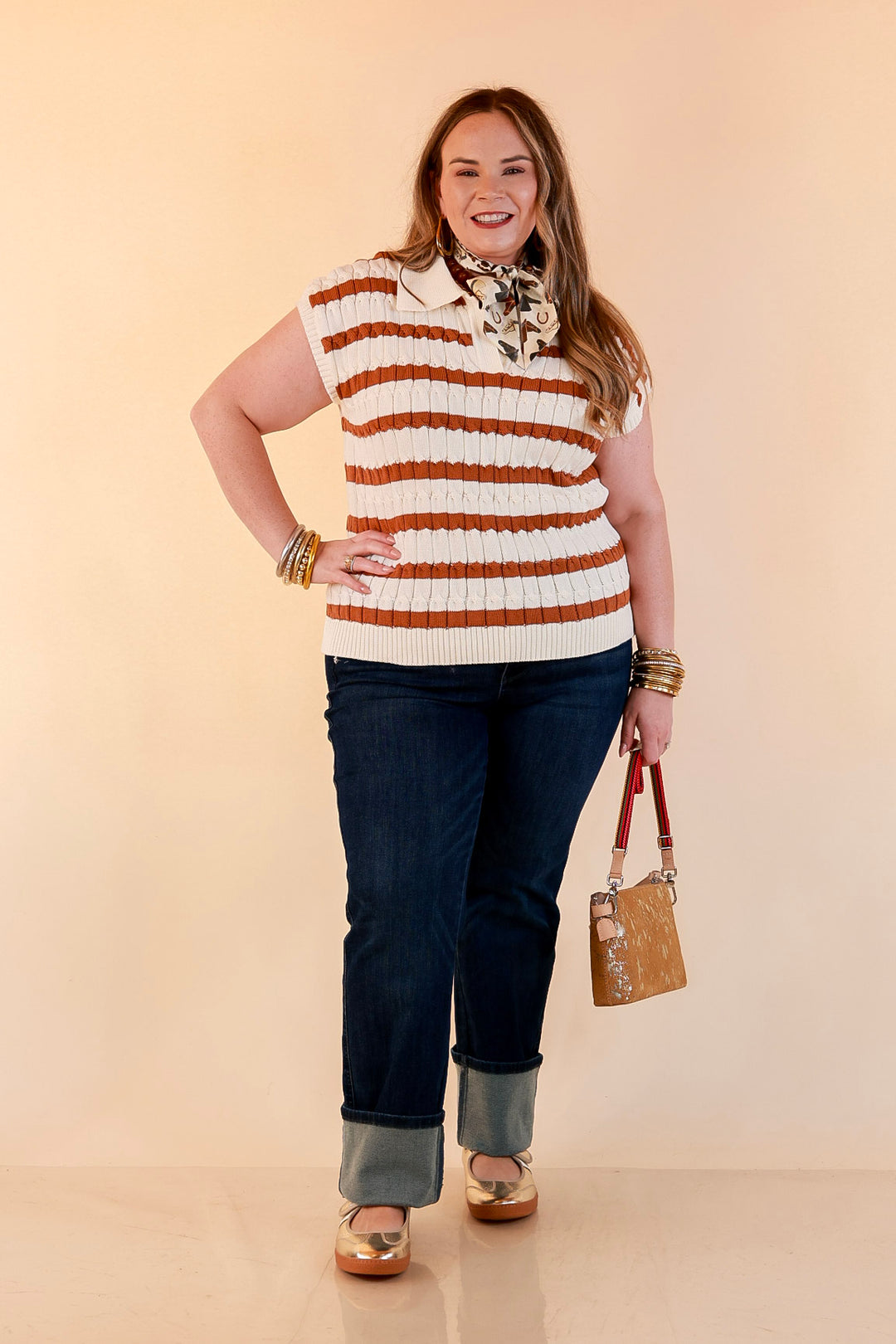 Signature Stripe Drop Shoulder Cable Knit Collared Polo Top in Ivory with Camel Brown Stripes