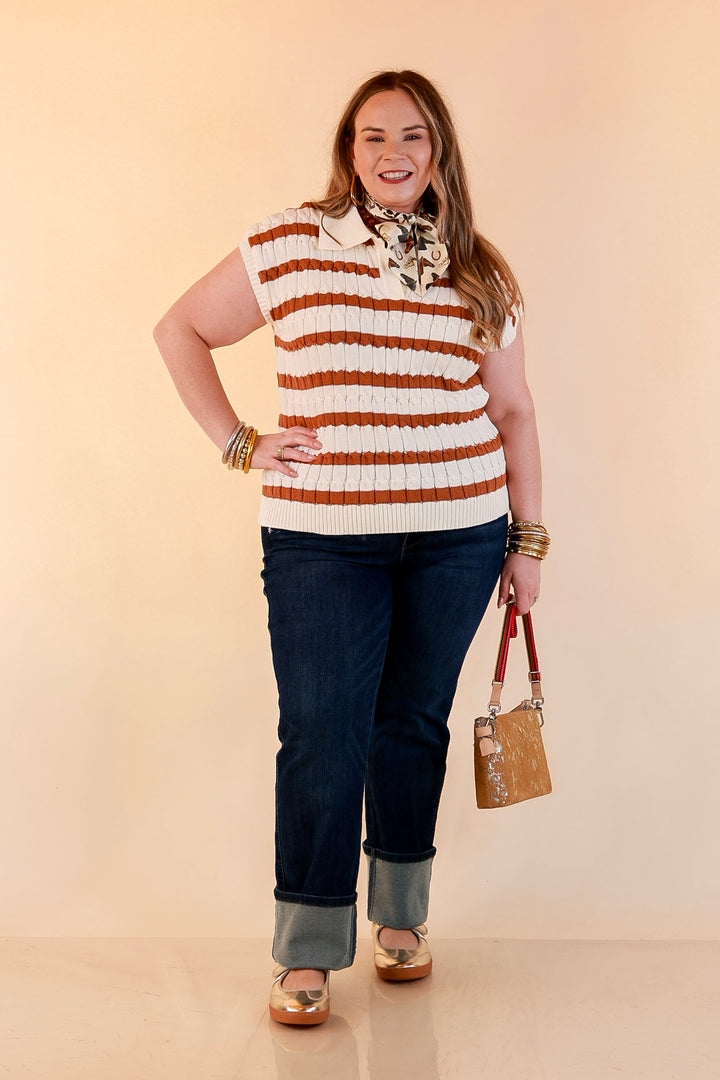Signature Stripe Drop Shoulder Cable Knit Collared Polo Top in Ivory with Camel Brown Stripes