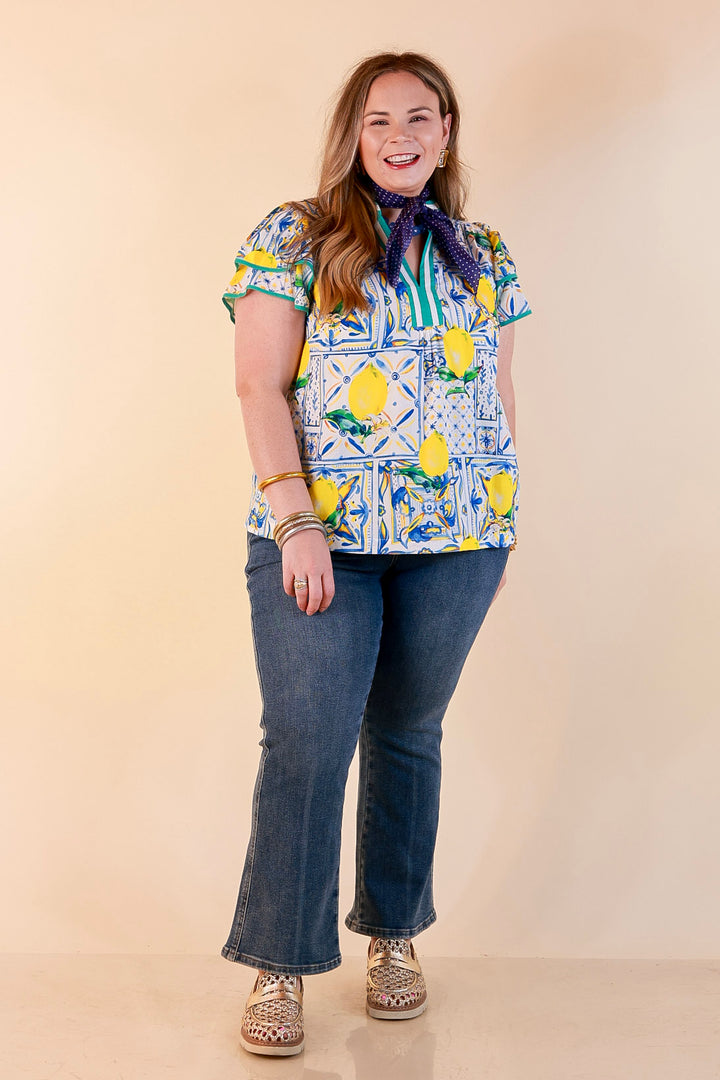 Amalfi Afternoon Lemon Tile Print Flutter Sleeve Split Neck Top in Ivory, Blue and Yellow