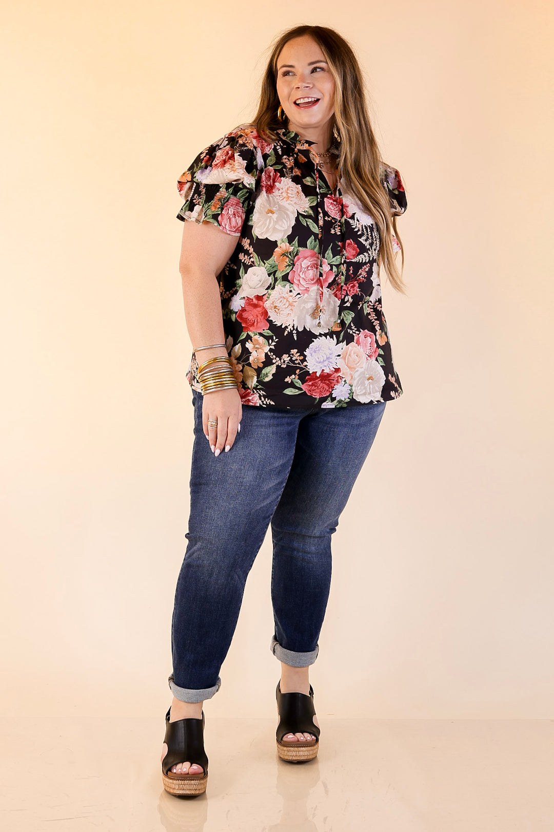 Freshly Picked Floral Print Top with Short Puff Sleeves in Black