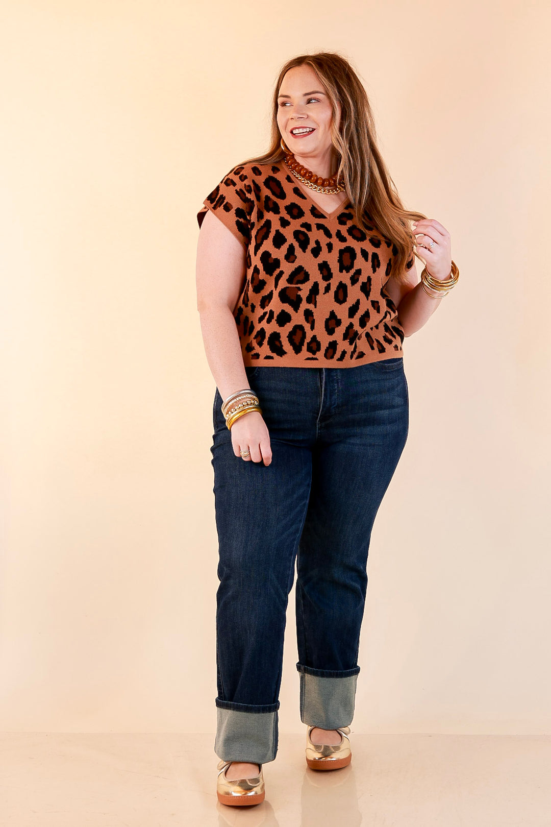 Natural Instinct Leopard Print V-Neck Sweater Knit Top in Camel and Black