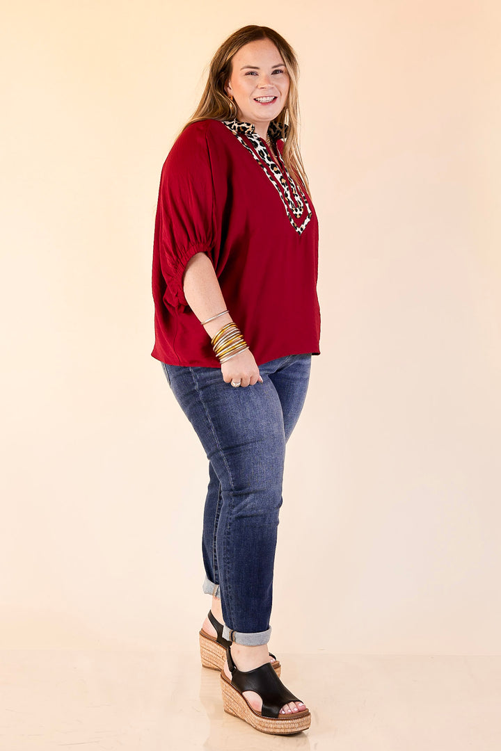Naturally Stylish Leopard Print Trim Poncho Top in Maroon